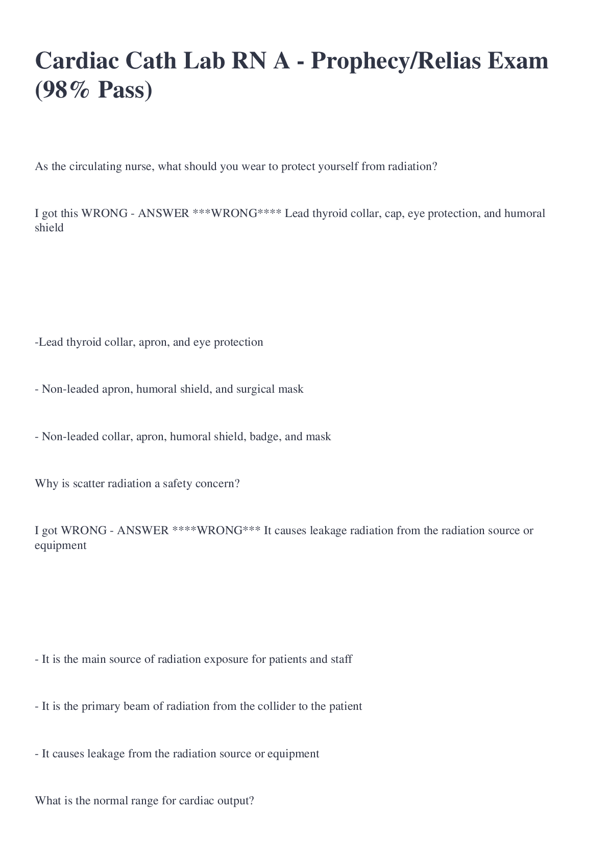 Preview image for Cardiac Cath Lab RN A - Prophecy/Relias Exam (98% Pass)